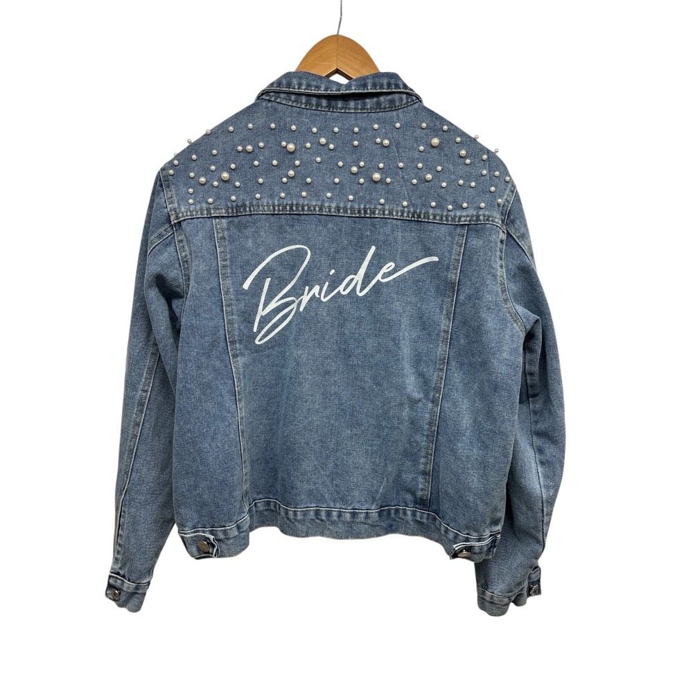 Bride Women's Denim Blue Jean Jacket With Pearls Wedding Bachelorette Sz XLarge - Picture 4 of 9